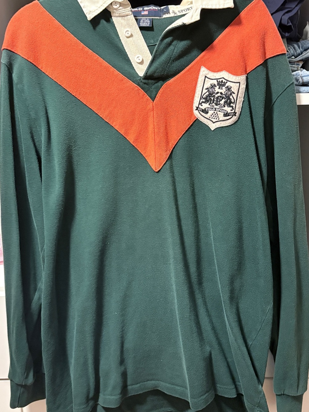 Polo by Ralph Lauren Green V‑Neck Rugby with Orange Chevron